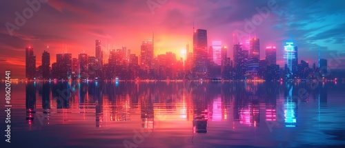 Sunset cityscape with skyscrapers reflecting in serene water  vibrant dusk colors