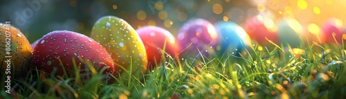 Colorful shiny Easter eggs on green grass.