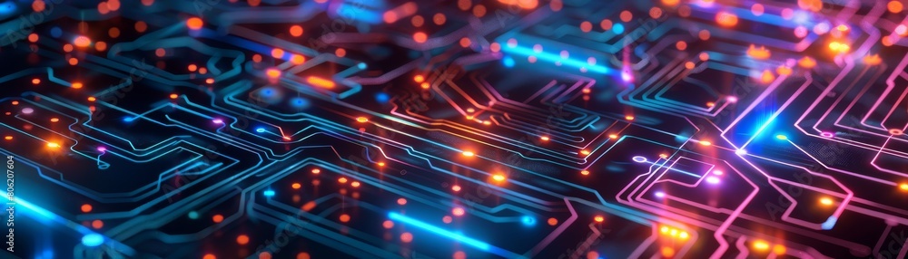 Detailed circuit board with colorful, glowing electronic pathways