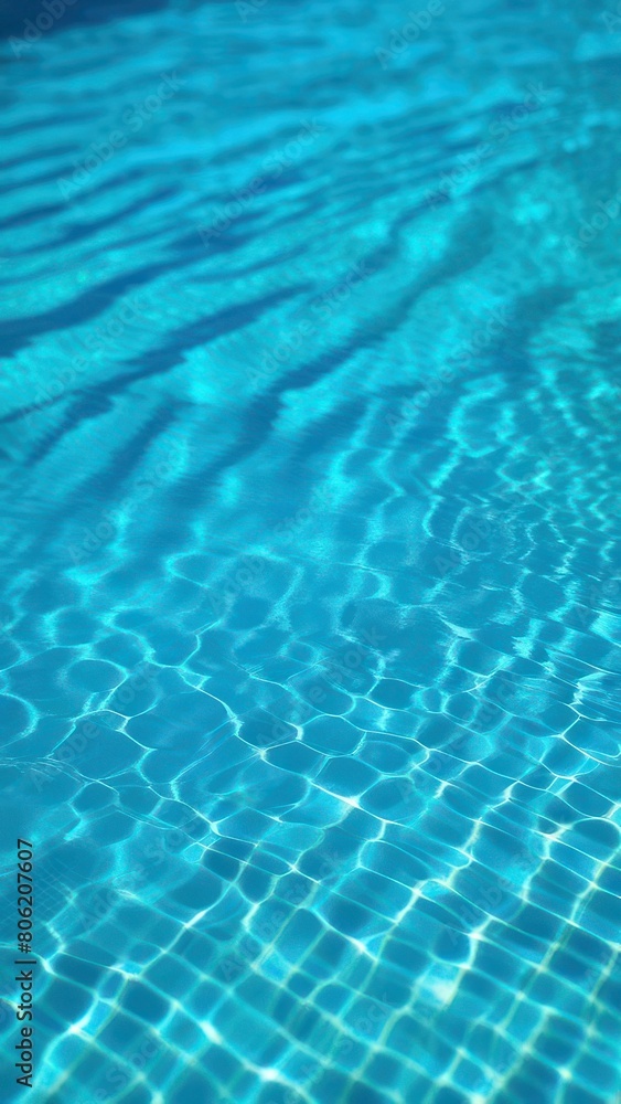 Obraz premium Close view of clear beautiful blue flowing water in swimming pool. Slow motion vertical video. Water surface. Travel and vacation concept. Summer