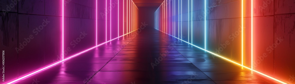 The image is a dark tunnel with colorful glowing neon lights on the walls