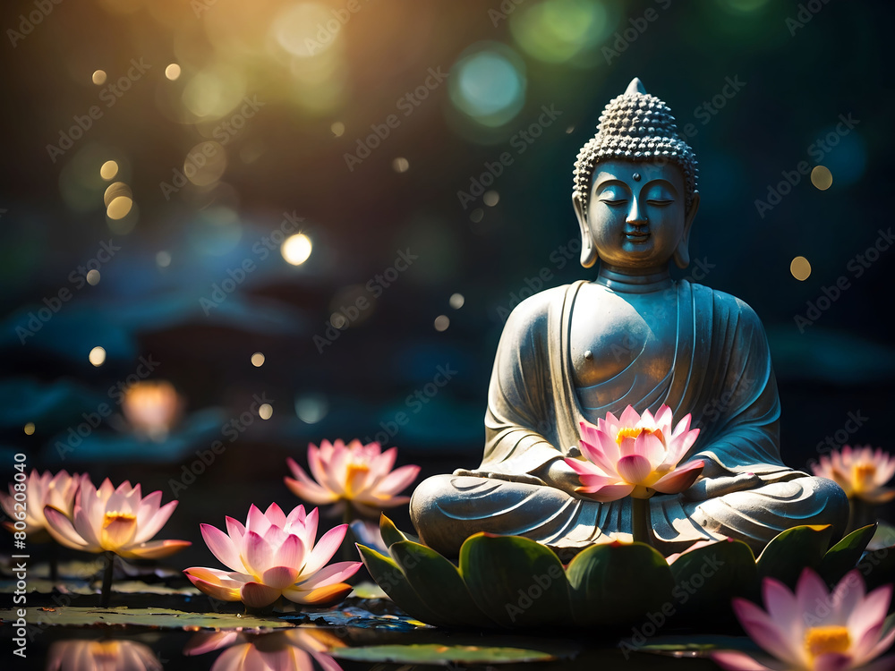 Peaceful ambiance illuminated by glowing lotus flowers and a serene Buddha statue, inviting contemplation and inner reflection