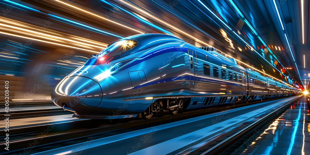 Elegance in motion high speed train blue color streaks past station technological architectural sense blue and golden background