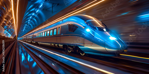 Train high speed train with motion gulden and blue colors through Train Station blurred background 3d illustration photo