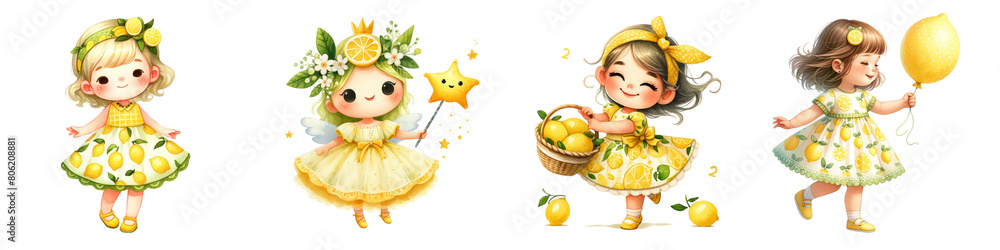 Fototapeta premium Watercolor set of girl and lemon on white background.