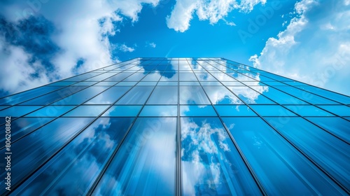 Looking skyward along the reflective blue glass facade of a skyscraper under a cloud-streaked sky