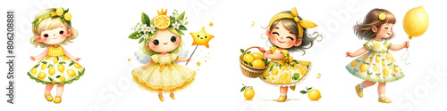 Watercolor set of girl and lemon on white background.