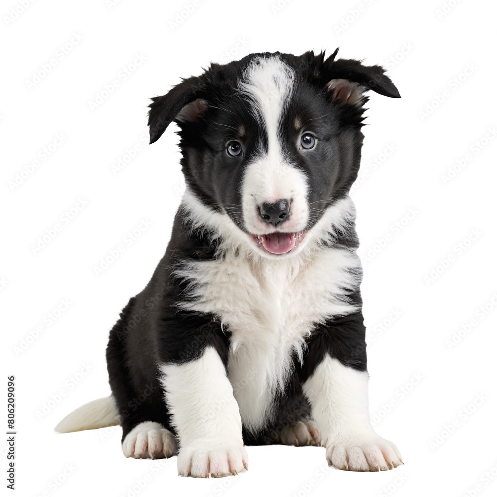 black and white collie dog puppy sitting isolated transparent