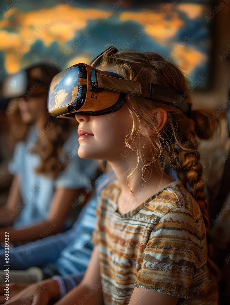 A family using virtual reality to explore destinations from their suburban living room A family using virtual reality to explore destinations from their suburban living room