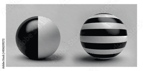 Visual featuring a spherical object embellished with a dynamic pattern of line halftone stripes.