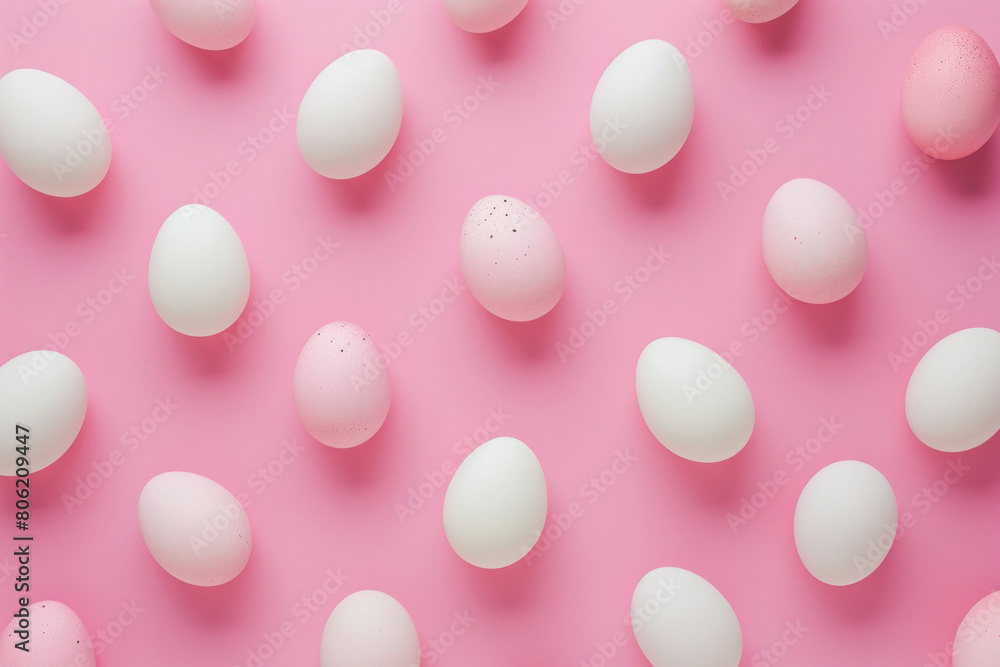 Easter theme with pink and white eggs on a pink background top view, flat lay Easter theme with pink and white eggs on a pink background top view, flat lay