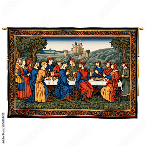 A hand-woven tapestry depicting a medieval banquet scene Transparent Background Images 