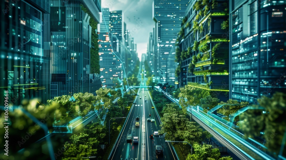 Obraz premium High technology and ecology. Digital modeling of natural resources. Eco technology concept, development goals demonstration using digital icons on forest background.
