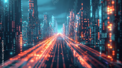 Binary data city. 3D rendering of an abstract track through digital binary towers in the city. Big data concept  machine learning  artificial intelligence  hyperloop  virtual reality.
