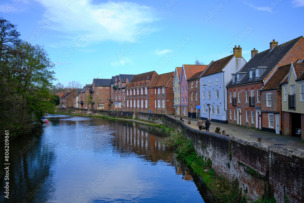 Historic riverside houses in Norwich city centre, UK