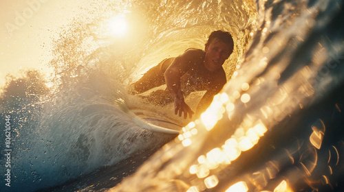 A man surfing a big ocean wave on sunset. Extreme surfer. Surfing  fun in the sea or ocean.