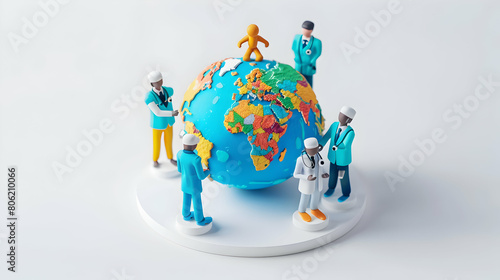 Global Health Workers from Around the World Discussing 3D Icon of Health Challenges on Population Day in Isometric Scene