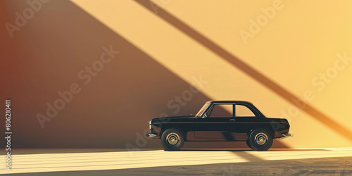 Vintage car parked in front of sunlit wall, showcasing classic design and timeless elegance captured in the golden light