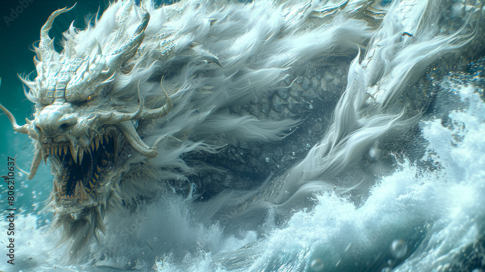 A white dragon is swimming in the ocean with its mouth open
