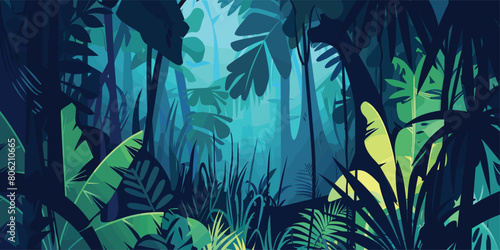 Cartoon Vector Illustration of Dark Tropical Forest