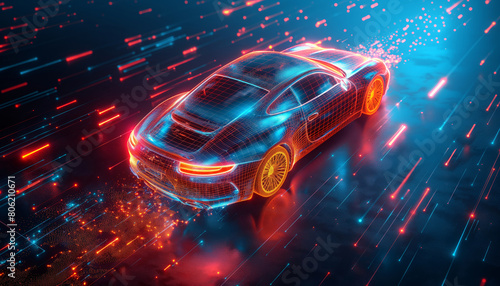 Speeding car avatar in vibrant cyber stream