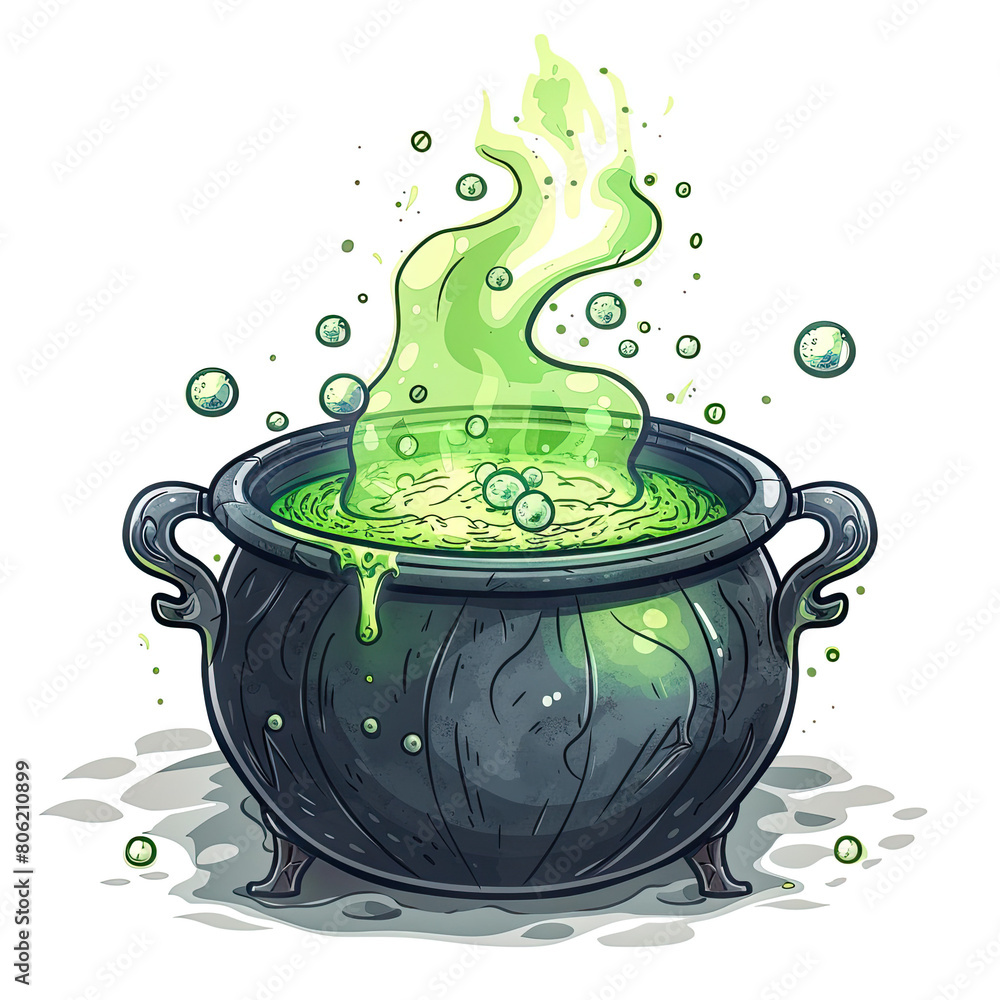 Cauldron with green magic boiling potion toxic poison soup , isolated ...