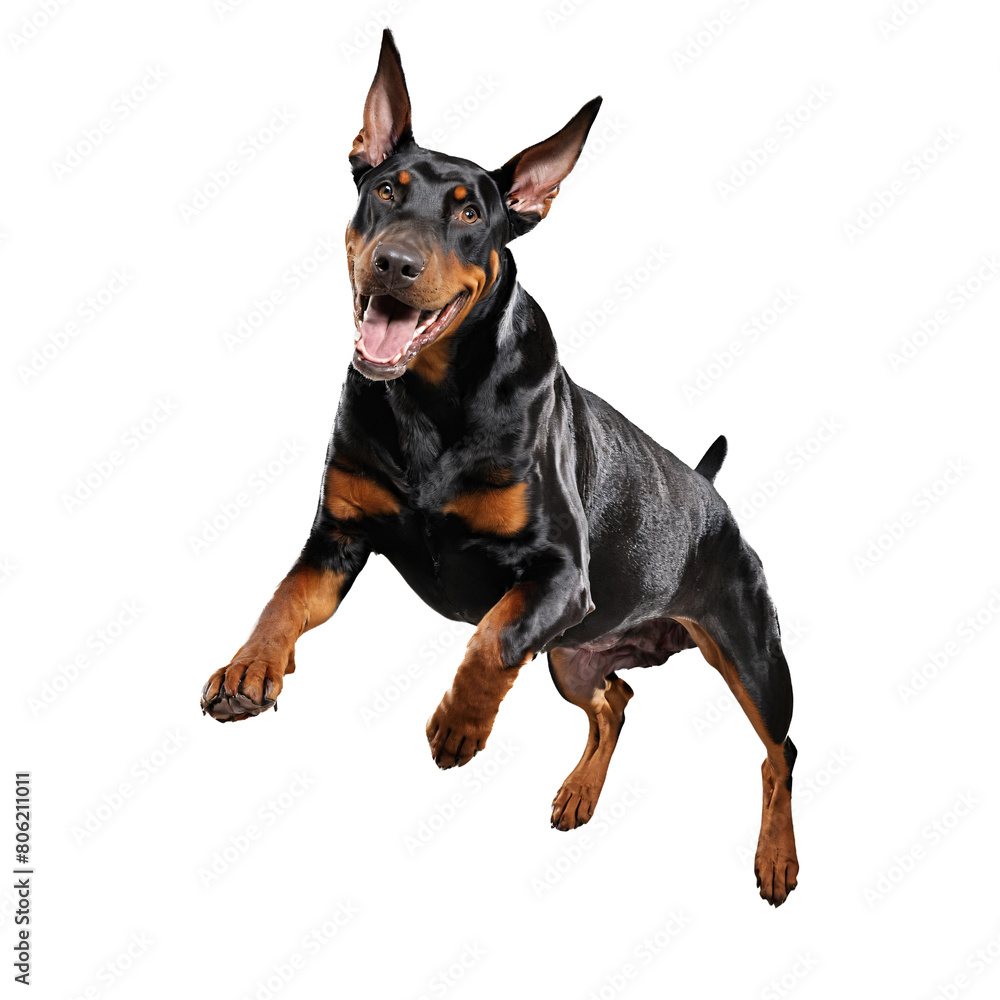 dobermann dog jumping and running isolated transparent