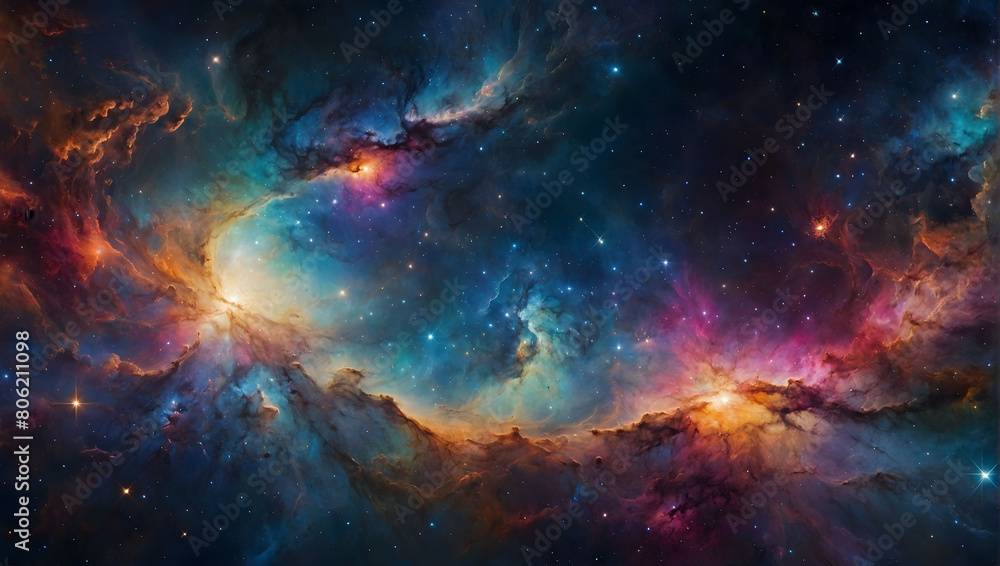 Spectacular cosmic vista filled with a kaleidoscope of colors, featuring stars, constellations, galaxies, planets, and nebulae, painting the canvas of outer space with breathtaking beauty