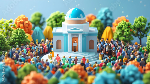 Global Population Challenges: Influential Speaker Engages Diverse Audience at City Hall Event in Isometric 3D Icon photo