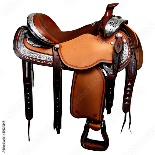 A handcrafted leather saddle with ornate tooling and silver conchos Transparent Background Images  photo