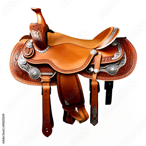 A handcrafted leather saddle with ornate tooling and silver conchos Transparent Background Images  photo