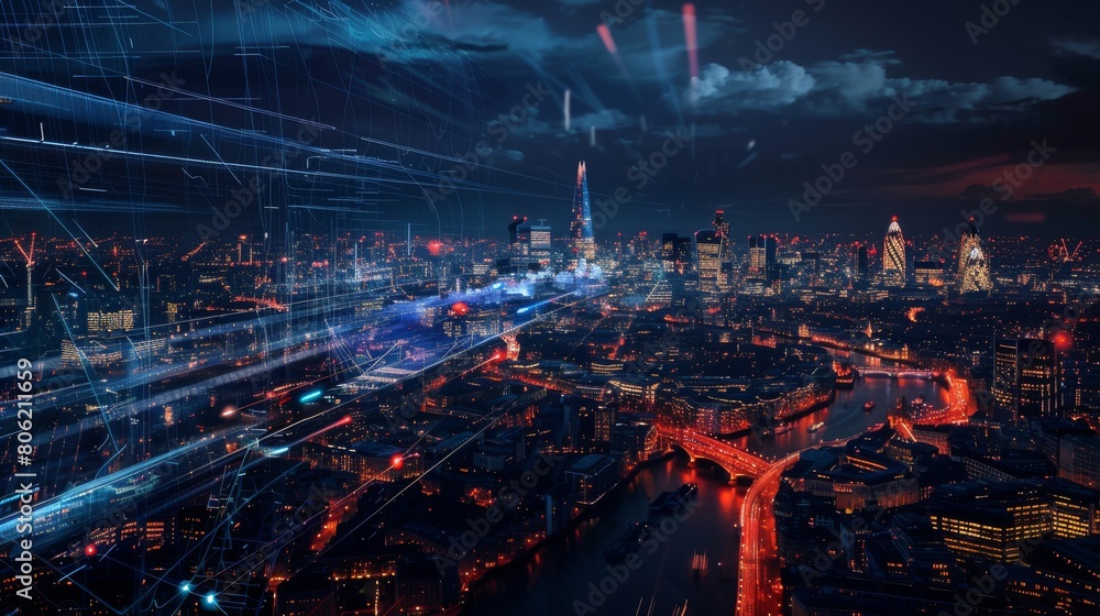 Futuristic London cityscape at night with vibrant lights and dynamic digital connections overlaying the urban skyline. Futuristic London cityscape at night with vibrant lights and dynamic digital connections overlaying the urban skyline.