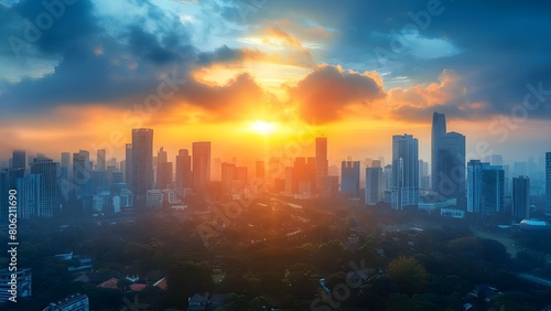 Urban Sunset: City Skyline with Skyscrapers and Trees in a Bustling Cityscape. Concept Cityscape Photography, Urban Sunset, Skyscrapers, Trees, Bustling City