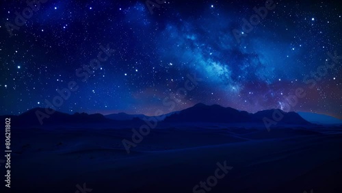 A mesmerizing night scene of a vast desert landscape illuminated by the ling stars above with towering sand dunes acting as a natural canvas. . photo