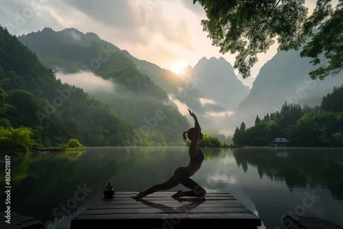 Serene lake morning yoga practice