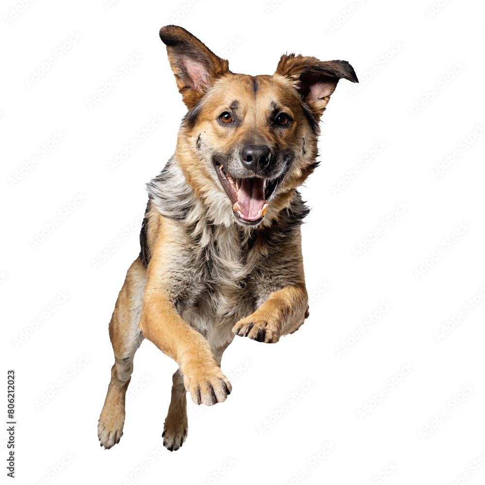 mongrel dog jumping and running isolated transparent