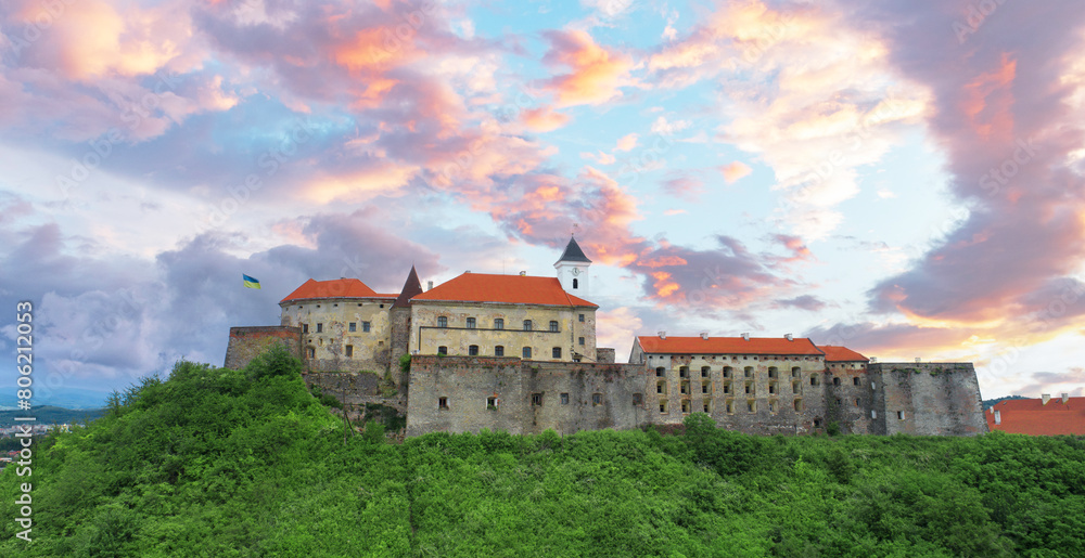 Naklejka premium Picturesque view to the Palanok Castle in Mukachevo, Transcarpathian region in Ukraine