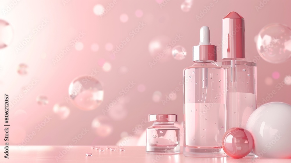 There are three bottles of pink liquid on a pink background with bubbles floating around them. There are three bottles of pink liquid on a pink background with bubbles floating around them.