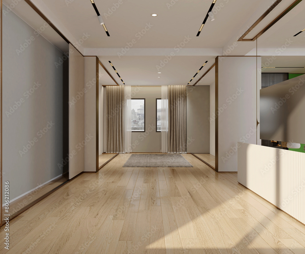 Obraz premium empty entrance of building and parquet floor 3d rendering