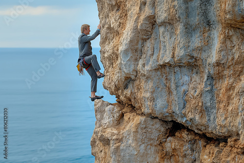 Man rock climbing on a sheer cliff edge photo