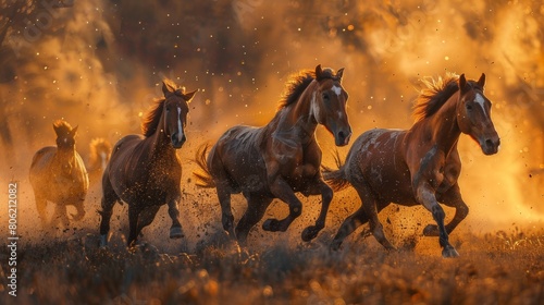 Majestic horses galloping freely through a golden field under a vibrant sky captures the spirit of untamed beauty