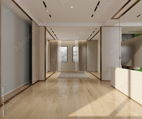 empty entrance of building and parquet floor 3d rendering