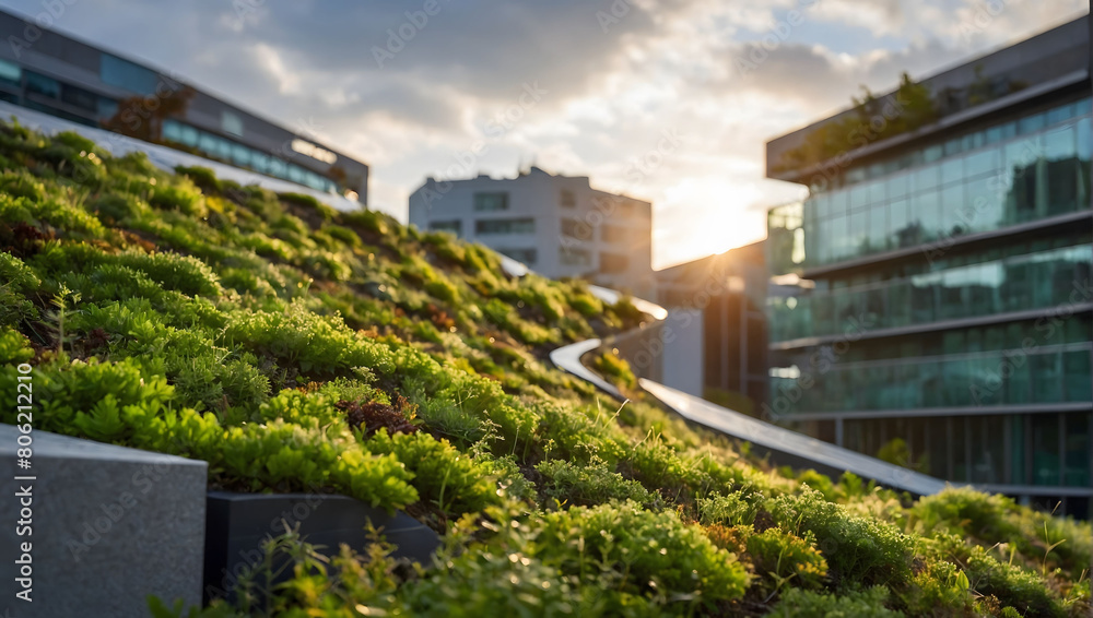 Sustainable architecture with a green roof installation, seamlessly integrating nature into urban spaces while mitigating environmental impact and promoting biodiversity