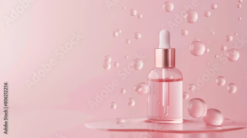 A pink translucent bottle with a silver dropper cap is sitting on a pink surface.