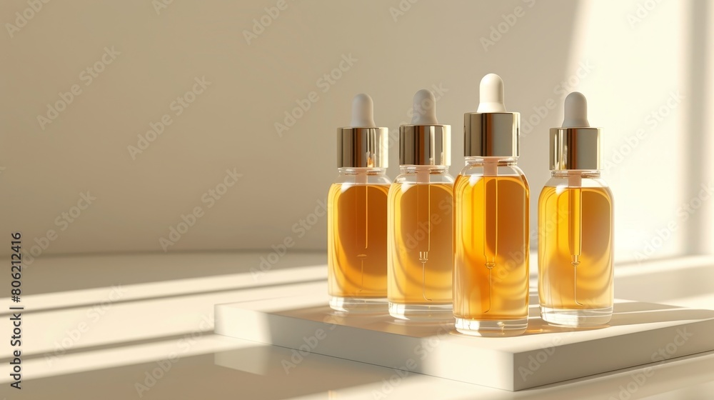 Four dropper bottles filled with yellow liquid are sitting on a white table against a beige background. Four dropper bottles filled with yellow liquid are sitting on a white table against a beige background.