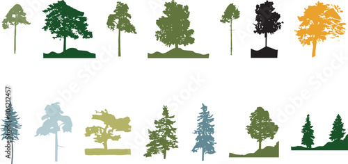 silhouette tree line drawing set, Side view, set of graphics trees elements outline symbol for architecture and landscape design drawing	