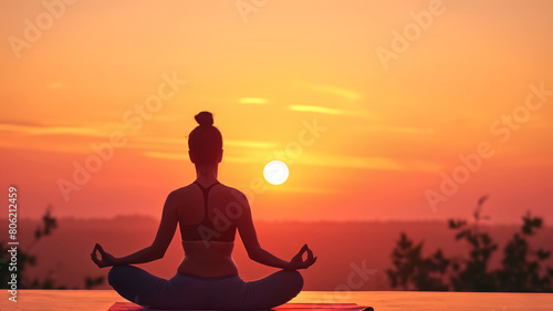 A serene image of a woman meditating in a yoga pose against a vibrant sunset background, symbolizing peace and mindfulness. 