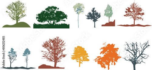 silhouette tree line drawing set, Side view, set of graphics trees elements outline symbol for architecture and landscape design drawing	