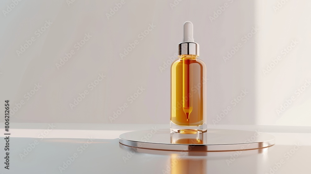 A small glass bottle with a silver dropper cap is sitting on a small silver platform. The bottle is about half-full of a yellow liquid.