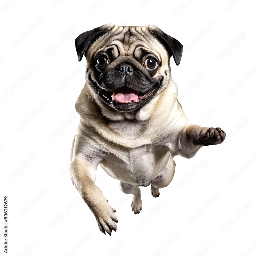 pug dog jumping and running isolated transparent